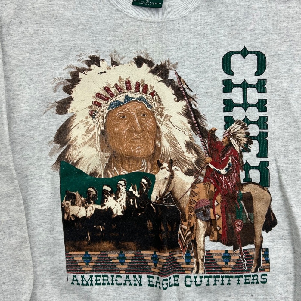 Vintage 90s American Eagle Native American Sweatshirt Size Medium Gray Nature - Picture 2 of 8